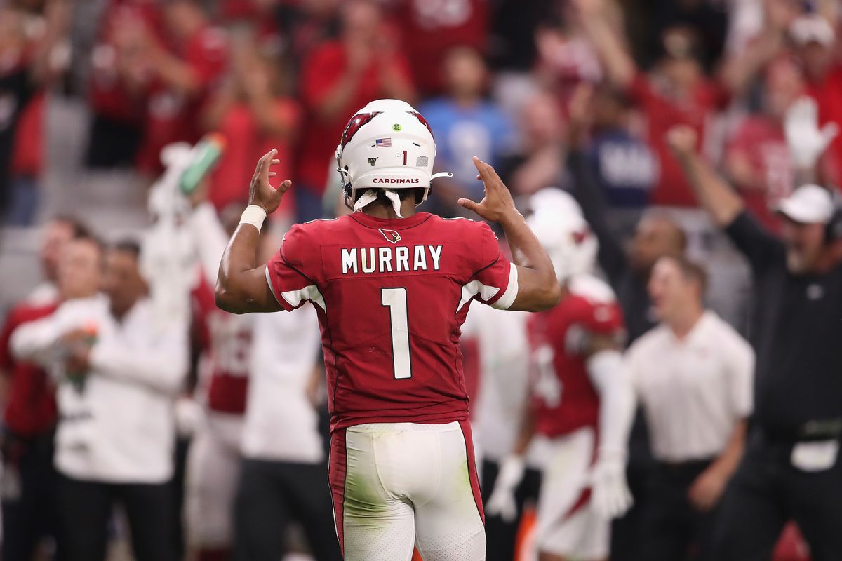 Quarterback Kyler Murray of the Arizona Cardinals reacts to a touchdown pass late in the second half of the NFL game against the Detroit Lions at State Farm Stadium on September 08, 2019 in Glendale, Arizona. The Lions and Cardinals tied 27-27.  &nbsp;   