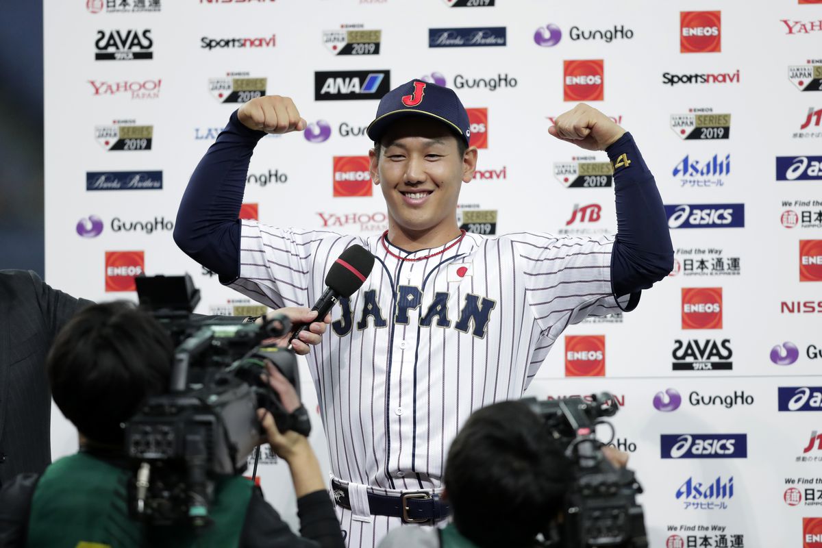 Outfielder Masataka Yoshida #34 of Japan poses during the interview after the game two between Japan and Mexico at Kyocera Dome Osaka on March 10, 2019 in Osaka, Japan.  