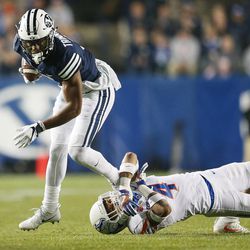 Brigham Young Cougars wide receiver Jonah Trinnaman (3) runs for yards after a catch in Provo on Friday, Oct. 6, 2017.