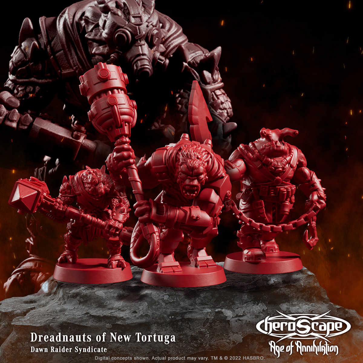 The Dreadnauts of New Tortuga, of the Dawn Raider Syndicate, are hulking brutes carrying oversized clubs and swords on chains. 