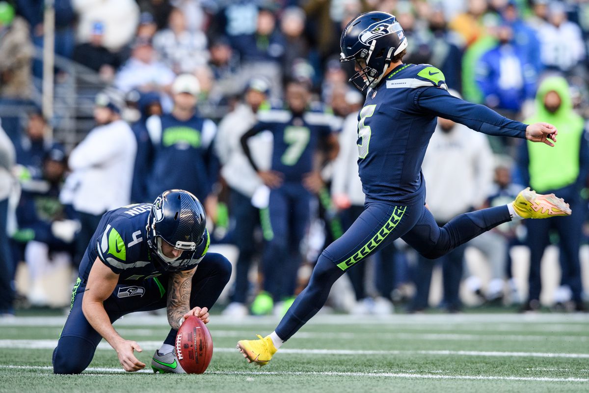 Jason Myers #5 of the Seattle Seahawks kicks a field goal during the first half of the game against the Las Vegas Raiders at Lumen Field on November 27, 2022 in Seattle, Washington.
