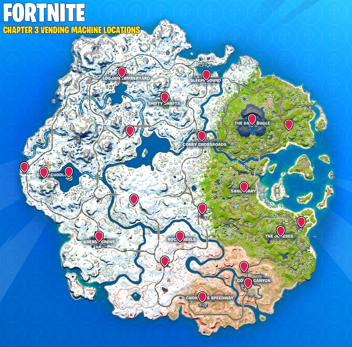 A Fortnite map showing Malfunctioning Vending Machine locations