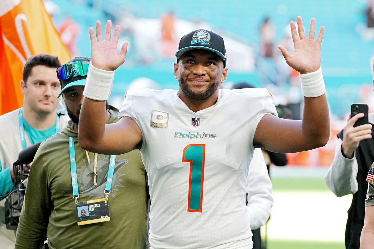 Tua Tagovailoa #1 of the Miami Dolphins reacts after defeating the Cleveland Browns 39-17 at Hard Rock Stadium on November 13, 2022 in Miami Gardens, Florida.