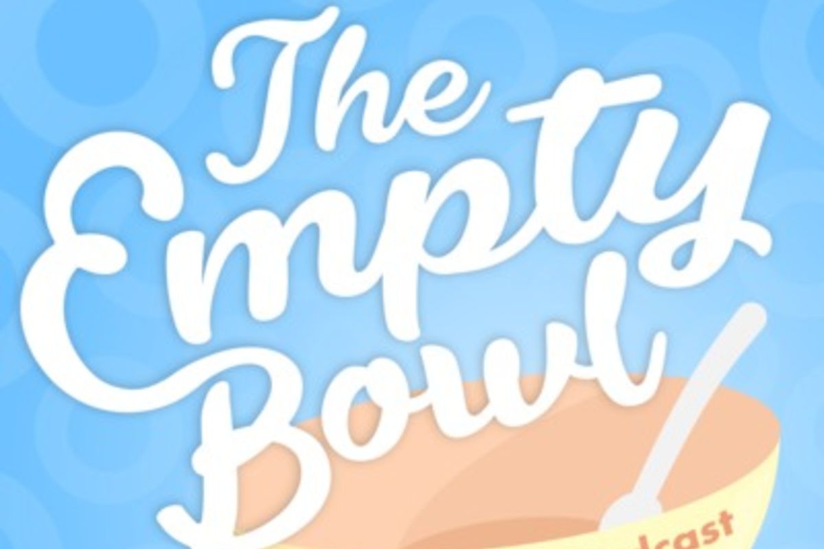 The Empty Bowl logo in white over an empty cereal bowl with ‘A meditative Podcast on Cereal’ written on it. The background is a blue gradient with light blue rings.
