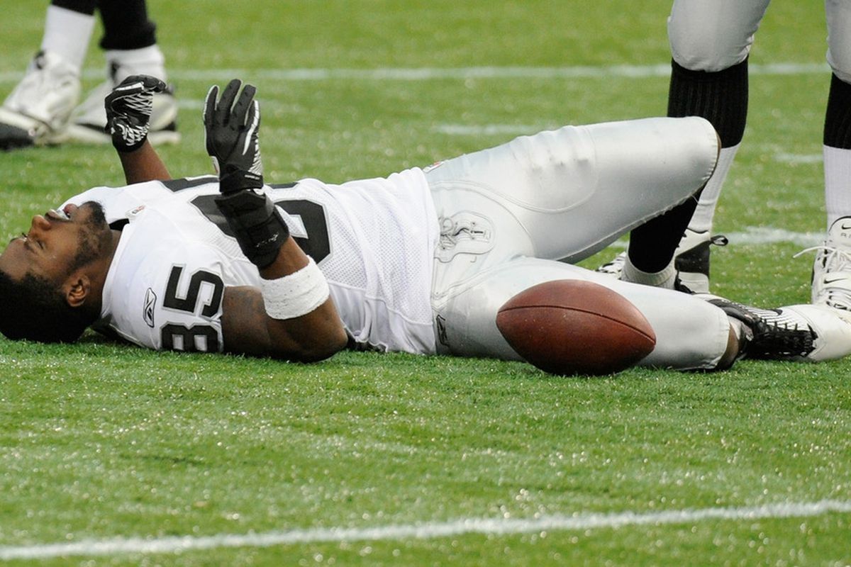 Darrius Heyward-Bey #85 of the Oakland Raiders is too hungover to play today. (Photo by Hannah Foslien/Getty Images)