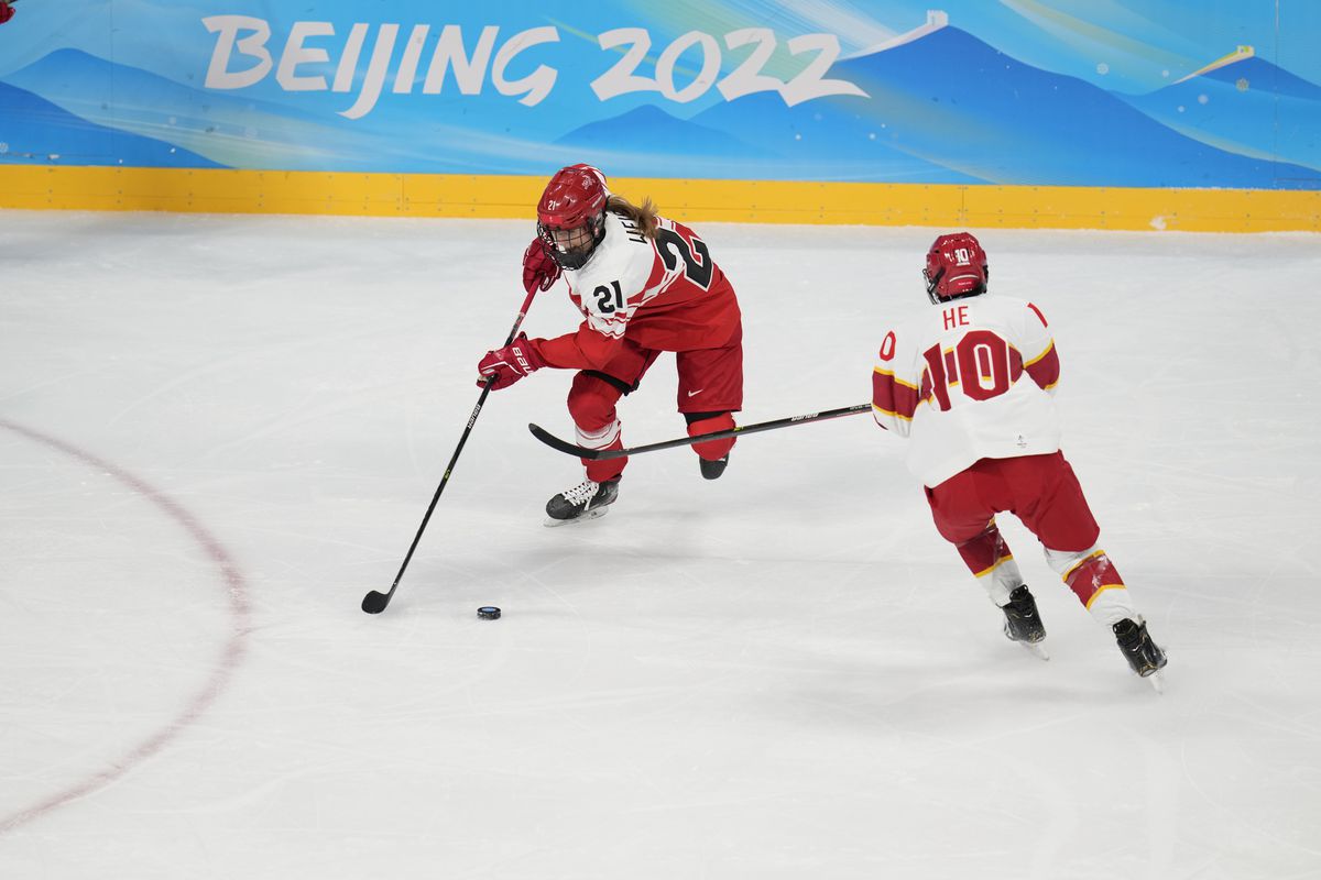 Michelle Weis #21 of Team Denmark during their Women’s Preliminary Round Group B match at Wukesong Sports Centre on February 04, 2022 in Beijing, China.