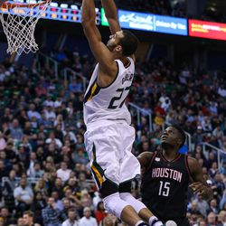 Utah Jazz center Rudy Gobert (27) dunks during the game against the Houston Rockets at Vivint Smart Home Arena in Salt Lake City on Tuesday, Nov. 29, 2016.