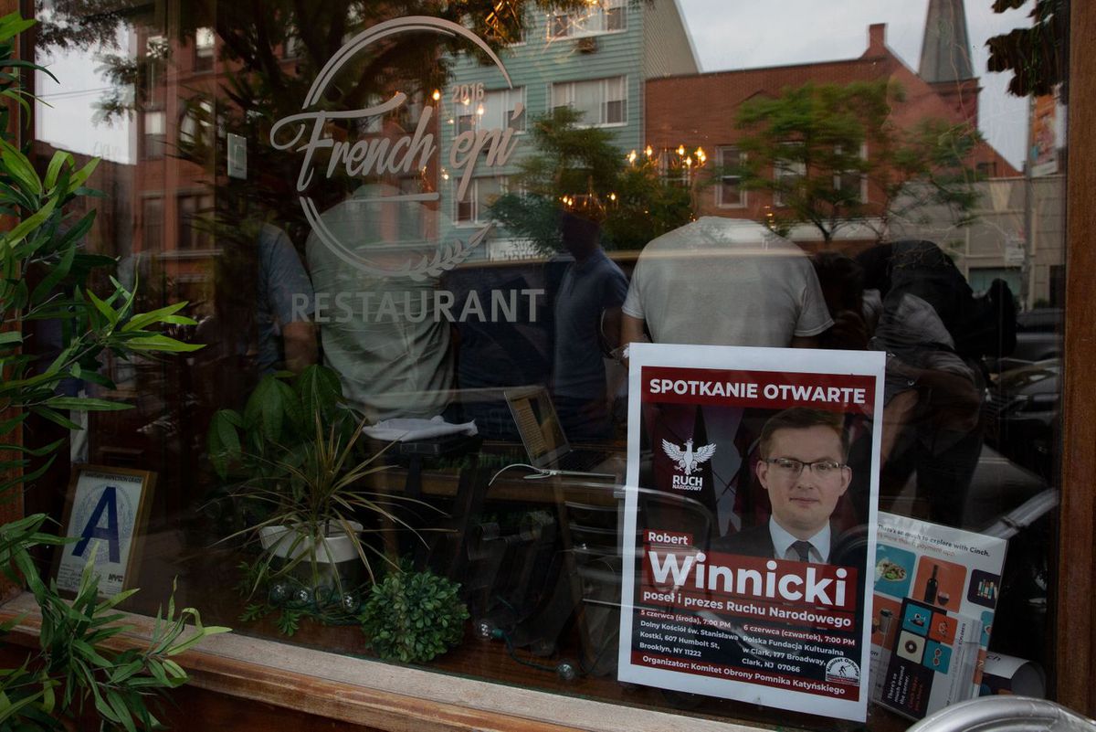 A poster advertising a speech by Polish nationalist politician Robert Winnicki, June 5, 2019.