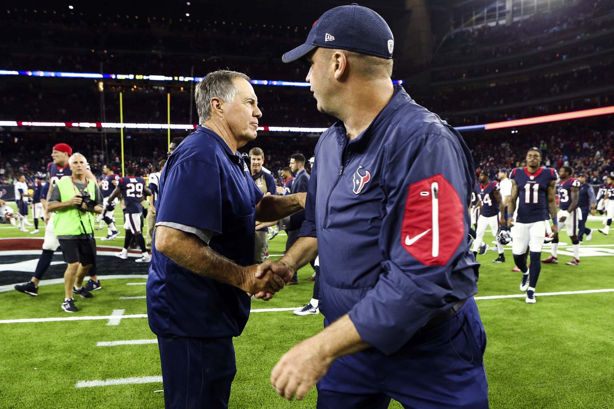 New England Patriots head coach Bill Belichick shakes hands with Houston Texans head coach Bill O’Brien after the game at NRG Stadium.