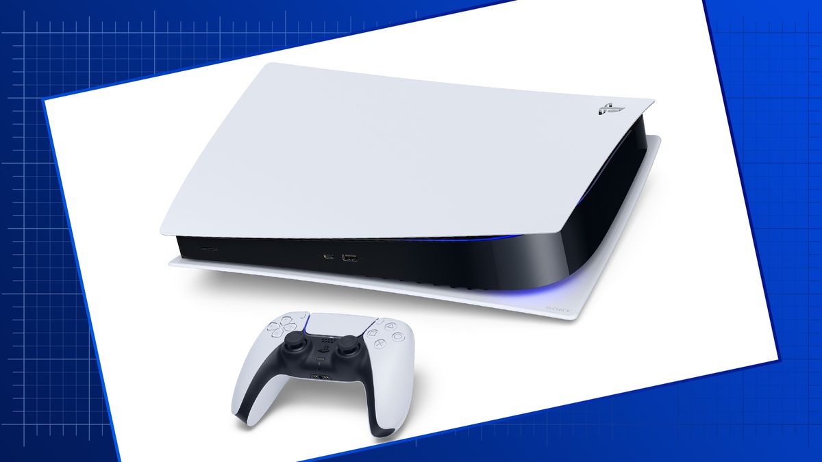 Sony PS5 console and controller on a graduated blue graphic background
