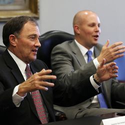 Gov. Gary Herbert, left, and his campaign manager Marty Carpenter, meet with the Deseret Media Companies Editorial Board in Salt Lake City on Monday, May 23, 2016.