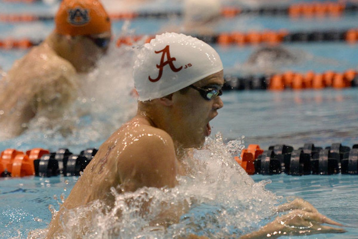 Anton McKee swims his leg of Alabama's SEC Champion 400 yard medley relay team.