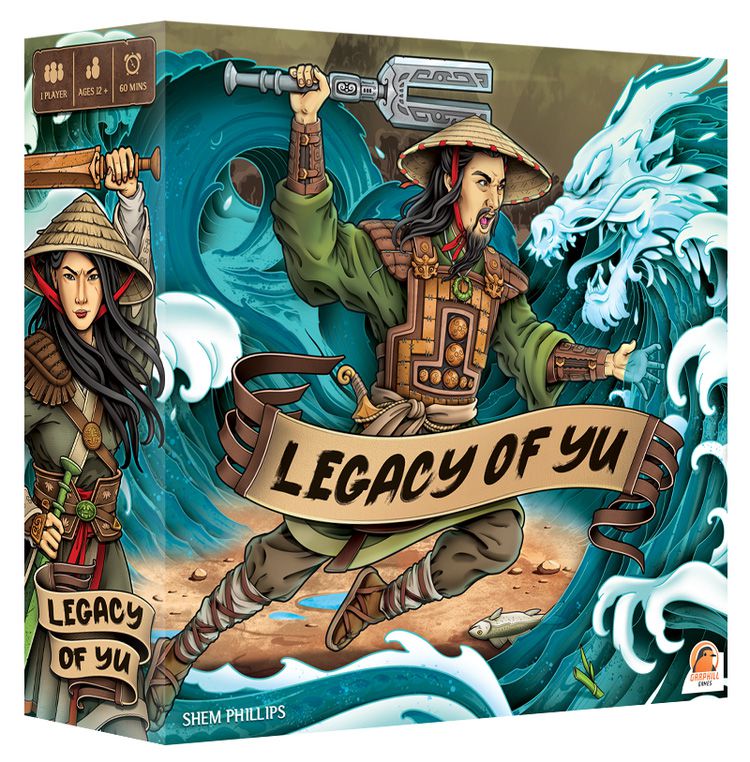 Cover art for Legacy of Yu showing a warrior with a reed hat wielding a u-shaped weapon as they attack a water dragon.