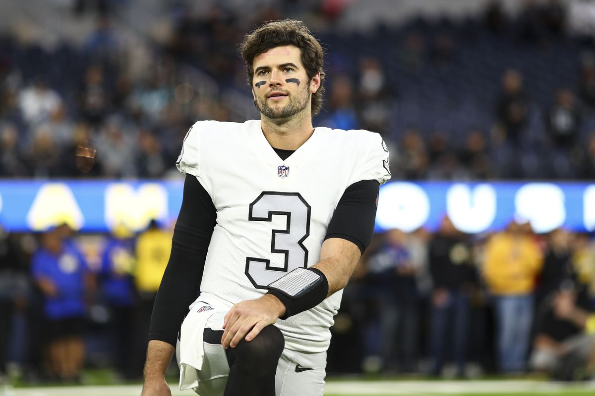 Jarrett Stidham of the Las Vegas Raiders stretches prior to an NFL football game against the Los Angeles Rams at SoFi Stadium on December 8, 2022 in Inglewood, California.