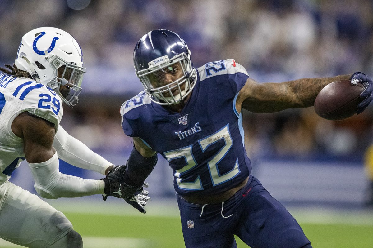Derrick Henry of the Tennessee Titans runs for a touchdown in the third quarter of the game against the Indianapolis Colts at Lucas Oil Stadium on December 1, 2019 in Indianapolis, Indiana.