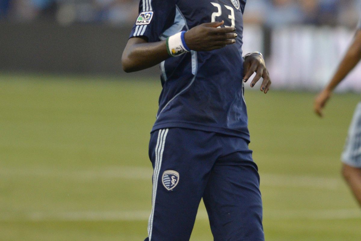 August 26, 2012; Kansas City, KS, USA; Sporting KC forward Kei Kamara (23) warms up before the soccer match against the New York Red Bulls at LIVESTRONG Sporting Park.  Mandatory Credit: Denny Medley-US PRESSWIRE