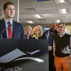 Shane Kellerstrass, Kellerstrass Oil Company, speaks at the opening for the Touch 'N Go Convenience Store at the new park and wait lot at the Salt Lake City International Airport in Salt Lake on Tuesday, Dec. 19, 2017.