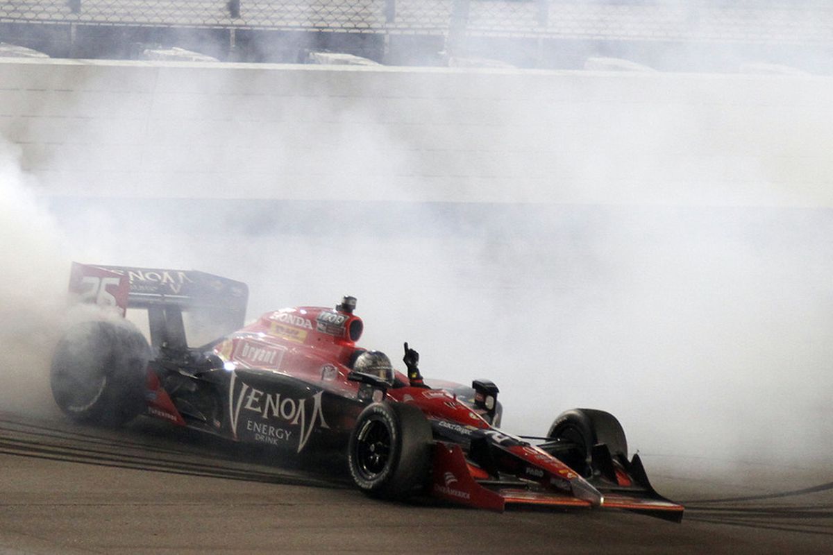 Marco Andretti celebrates his victory in the Iowa Corn Indy 250 IZOD IndyCar Series race at Iowa Speedway in Newton, IA on Saturday, June 25, 2011. (Photo: Kyle Ocker)