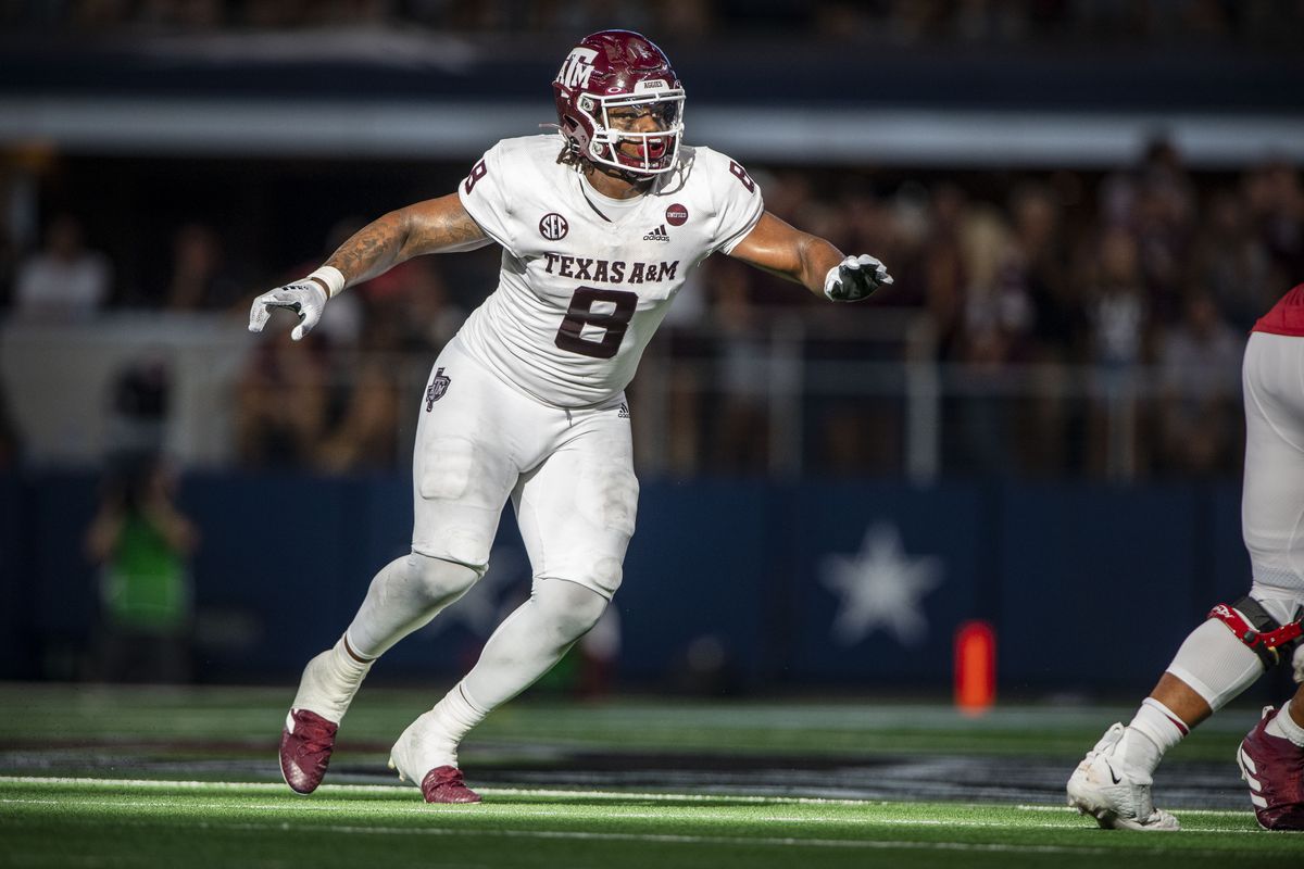 Texas A&amp;amp;M Aggies defensive lineman DeMarvin Leal (8) in action during the game between the Arkansas Razorbacks and the Texas A&amp;amp;M Aggies at AT&amp;amp;T Stadium