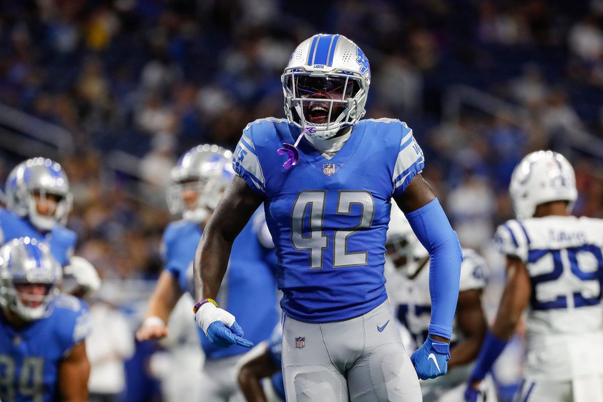 Detroit Lions safety Jalen Elliott (42) reacts to a tackle against the Indianapolis Colts during the second half of a preseason game at Ford Field in Detroit on Friday, Aug. 27, 2021. Syndication: Detroit Free Press