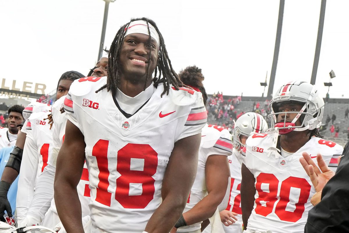 Ohio State Buckeyes wide receiver Marvin Harrison Jr. was all smiles after a 41-7 win over the Purdue Boilermakers in Saturday’s NCAA Division I football game at Ross-Ade Stadium in Lafayette.