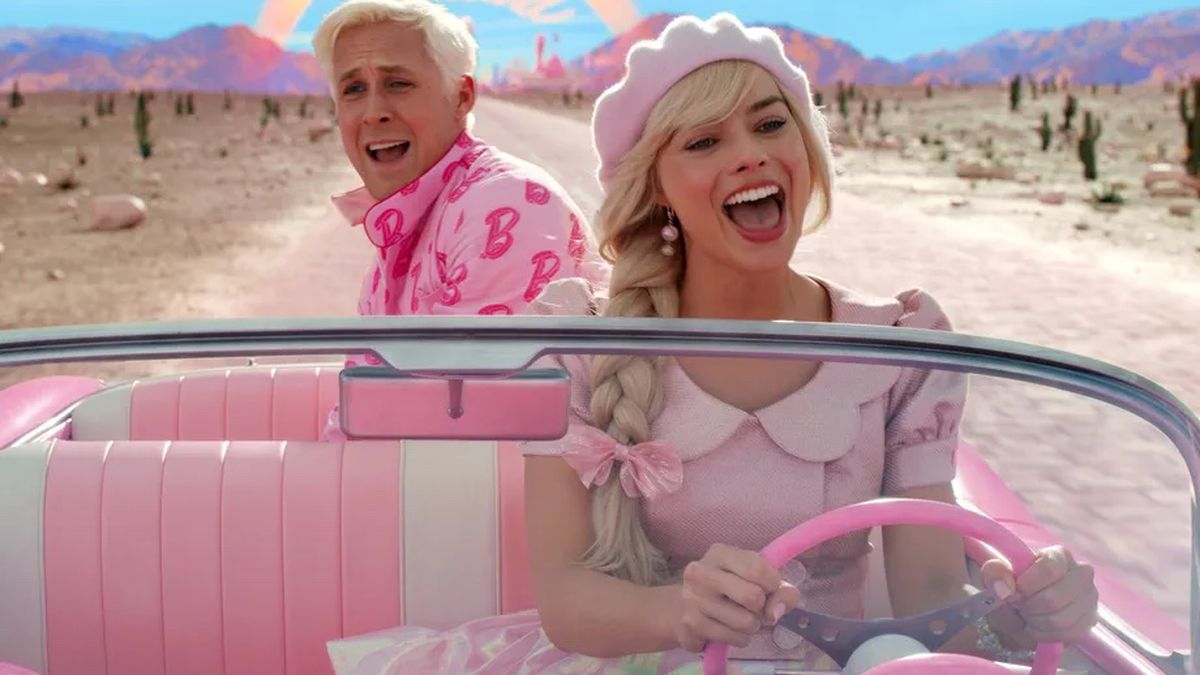 A picture of the Barbie movie with Margot Robbie and Ryan Gosling.
