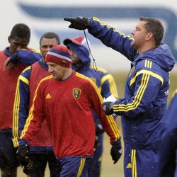 Real Salt Lake Head Coach Jeff Cassar directs his players during practice at America First Field in Sandy on Monday, March 3, 2014.