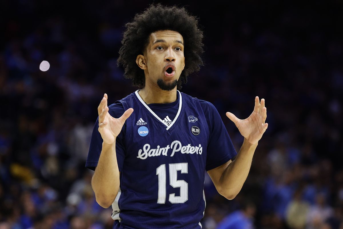 Matthew Lee of the St. Peter’s Peacocks reacts in the second half of the game against the Purdue Boilermakers in the Sweet Sixteen round of the 2022 NCAA Men’s Basketball Tournament at Wells Fargo Center on March 25, 2022 in Philadelphia, Pennsylvania.