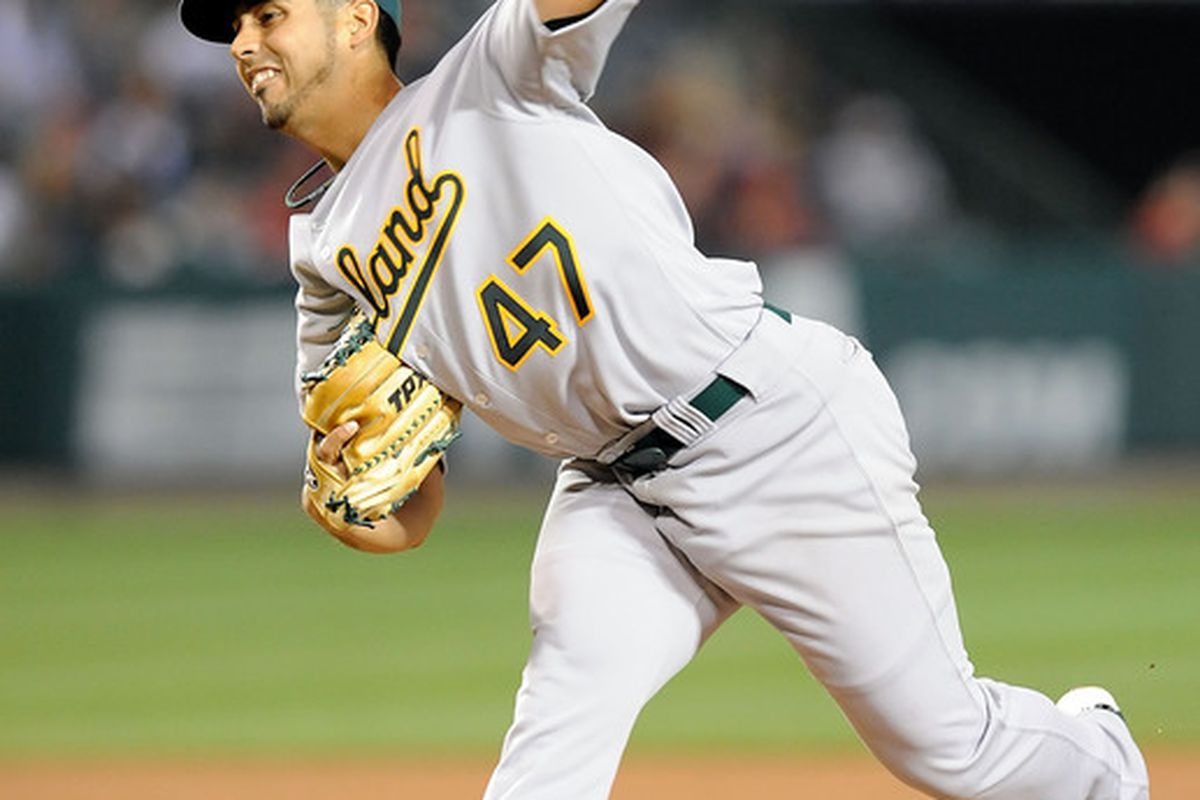 ANAHEIM, CA - APRIL 09:  Gio Gonzalez #47 of the Oakland Athletics pitches against the Los Angeles Angles of Anaheim on April 9, 2010 in Anaheim, California.  (Photo by Lisa Blumenfeld/Getty Images)