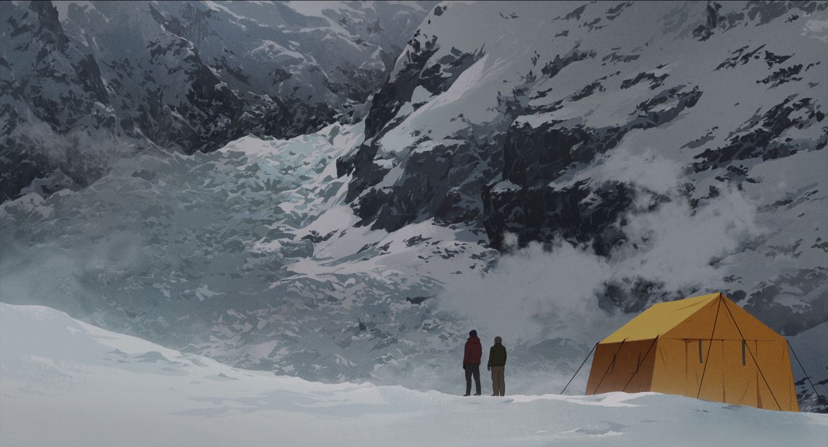 A small yellow tent and two dwarfed human figures at the foot of a massive mountainside in The Summit of the Gods