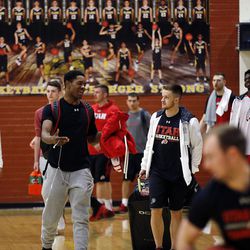 The University of Utah men's basketball team arrives to practice at Ed W. Clark High School in Las Vegas on Wednesday, March 7, 2018.