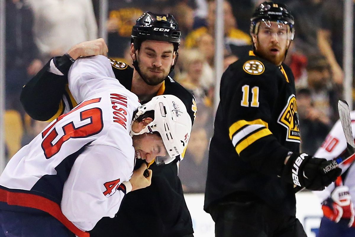Adam McQuaid tunes up Tom Wilson as Jimmy Hayes looks on in amazement.