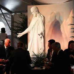 A statue of Christ is shown in the reception tent outside the Ogden Utah Temple in Ogden, Tuesday, July 29, 2014.