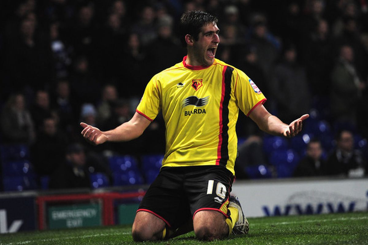 IPSWICH, ENGLAND - MARCH 15:  Danny Graham celebrates his goal for Watford during the npower Championship match between Ipswich Town and Watford at Portman Road on March 15, 2011 in Ipswich, England.  (Photo by Jamie McDonald/Getty Images)