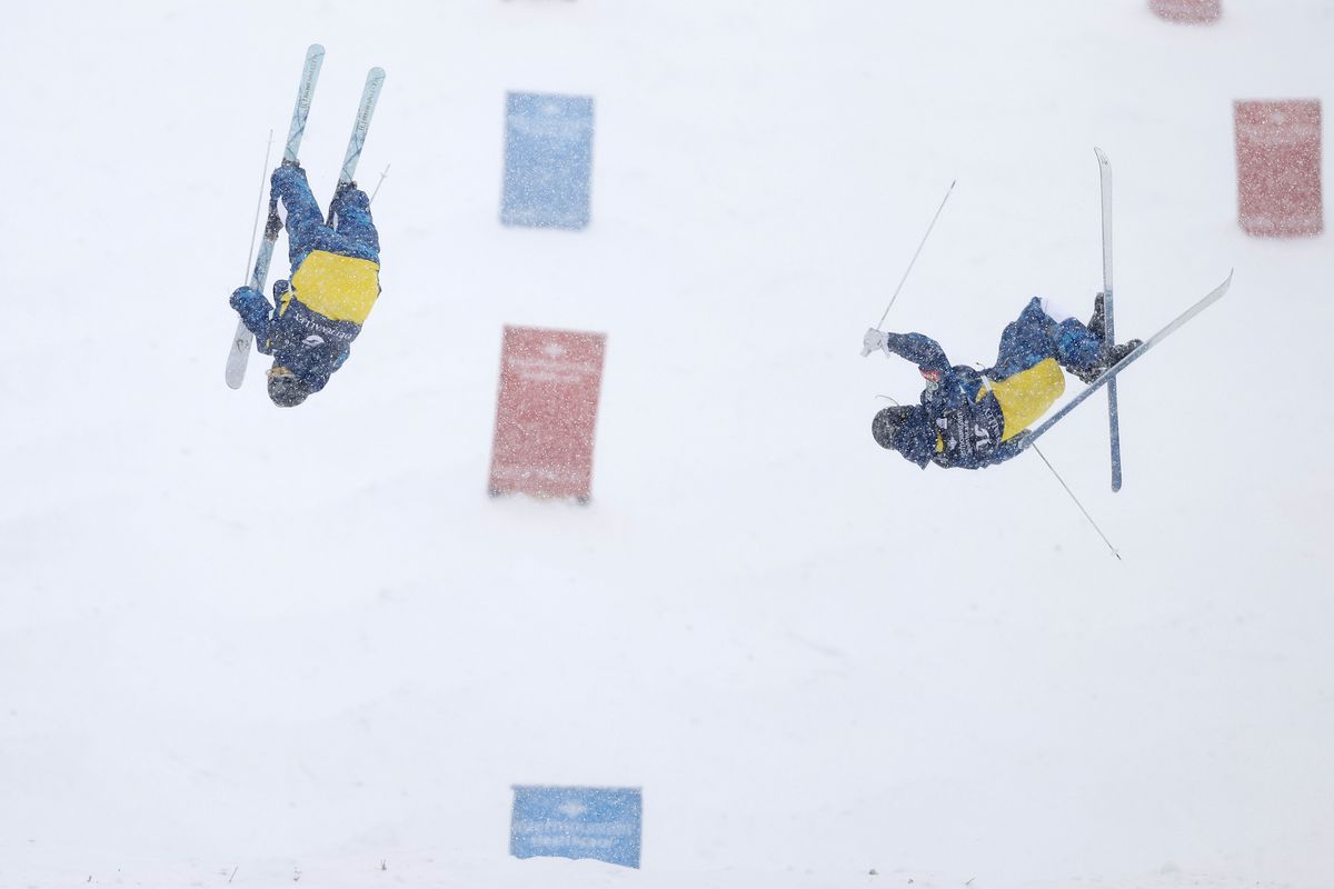 Tess Johnson, left, competes against Kai Owens in the women s dual moguls at Deer Valley.&nbsp;