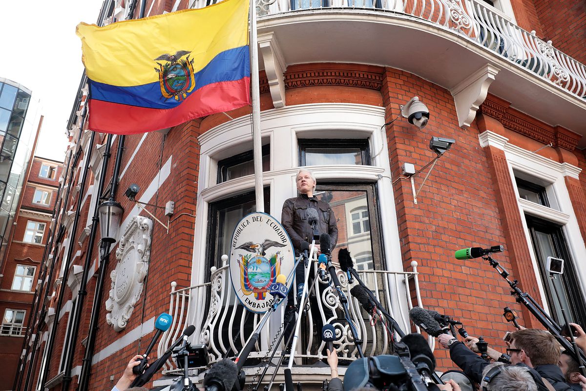 Julian Assange speaks to the media from the balcony of the Embassy Of Ecuador on May 19, 2017 in London, England.