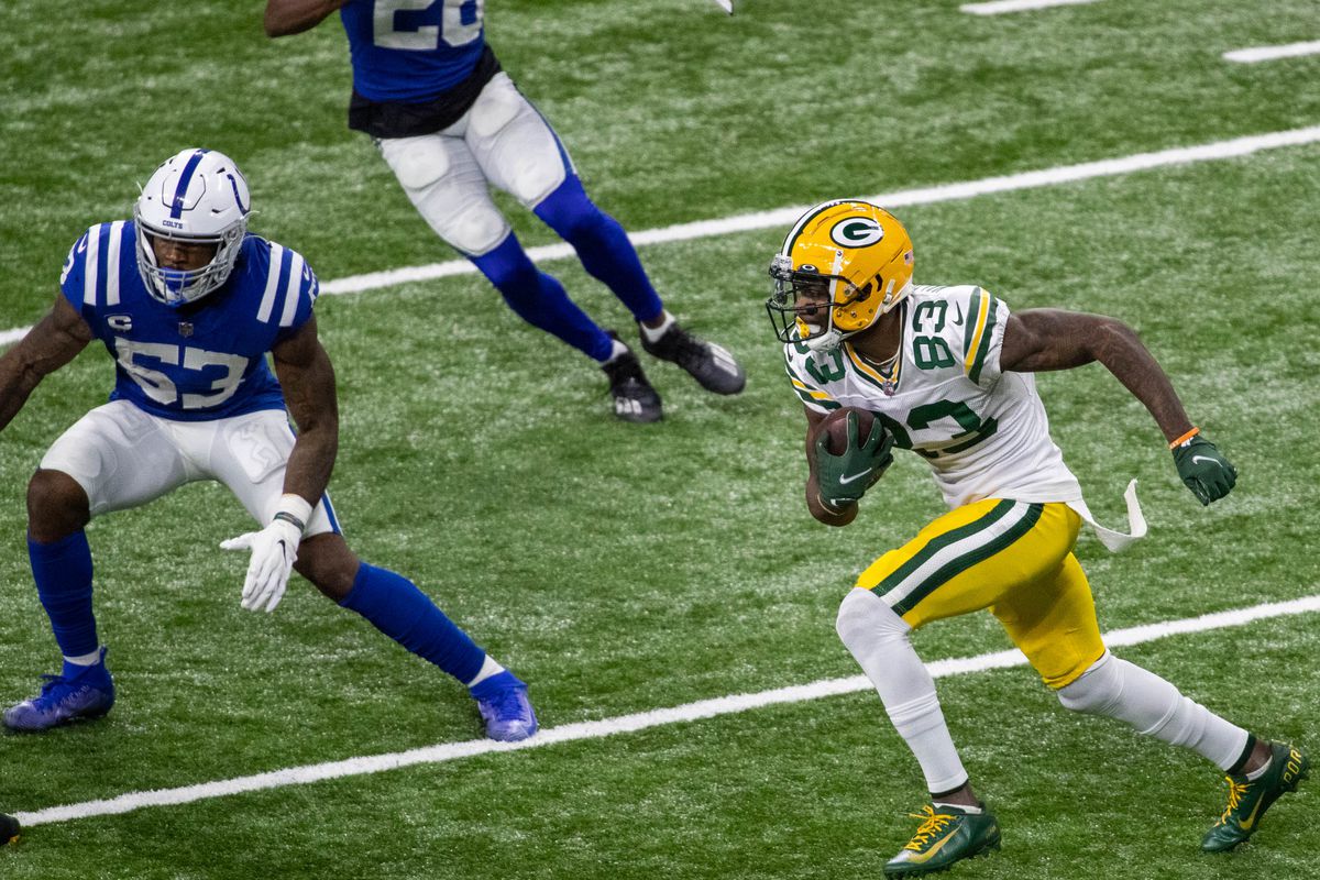 Green Bay Packers wide receiver Marquez Valdes-Scantling (83) runs the ball after a catch in the second half against the Indianapolis Colts at Lucas Oil Stadium.