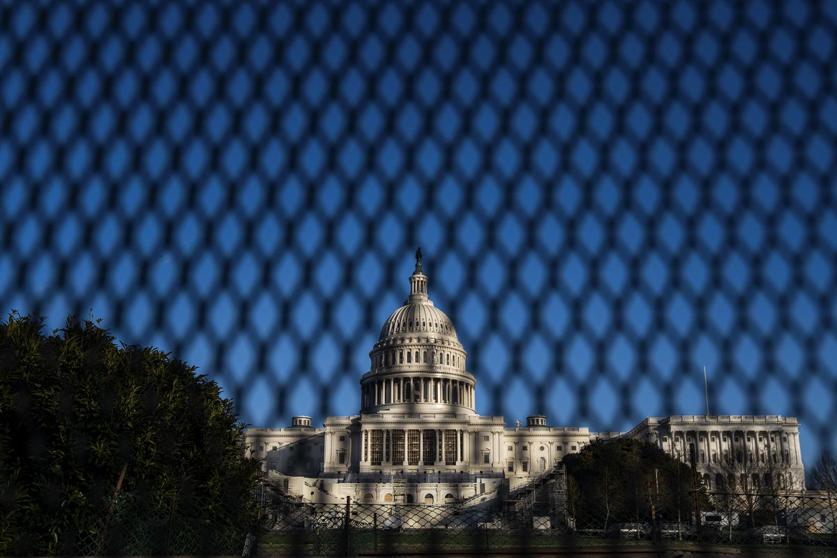 The US Capitol building seen through a mesh fence.