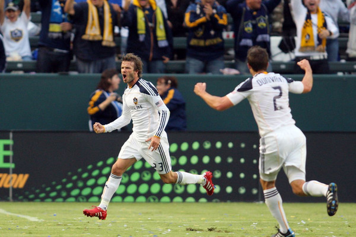CARSON CA - OCTOBER 24:  David Beckham #23 of the Los Angeles Galaxy celebrates his first half goal against FC Dallas during the MLS match on October 24 2010 in Carson California.  (Photo by Victor Decolongon/Getty Images)