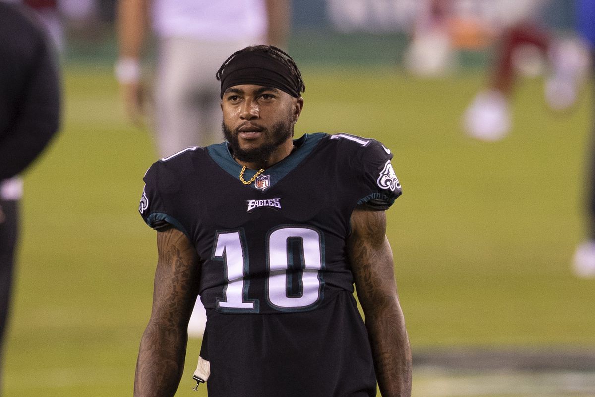 DeSean Jackson #10 of the Philadelphia Eagles looks on prior to the game against the New York Giants at Lincoln Financial Field on October 22, 2020 in Philadelphia, Pennsylvania.