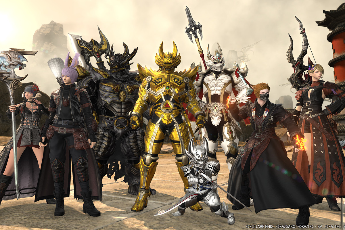 Final Fantasy 14 - a party of adventurers pose in full-body, elaborate plate armor and powerful weapons.