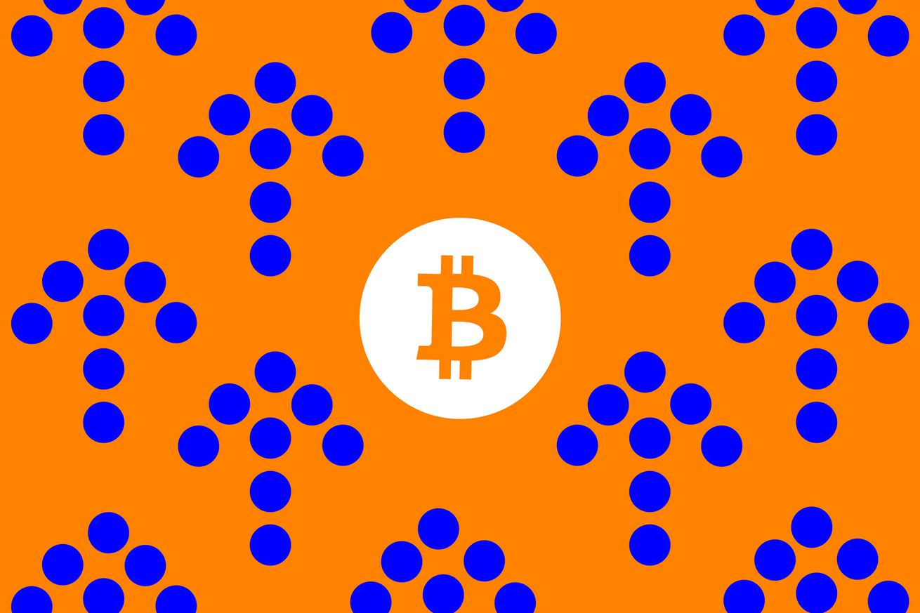 The orange Bitcoin logo appears on a background of blue arrows pointing up.