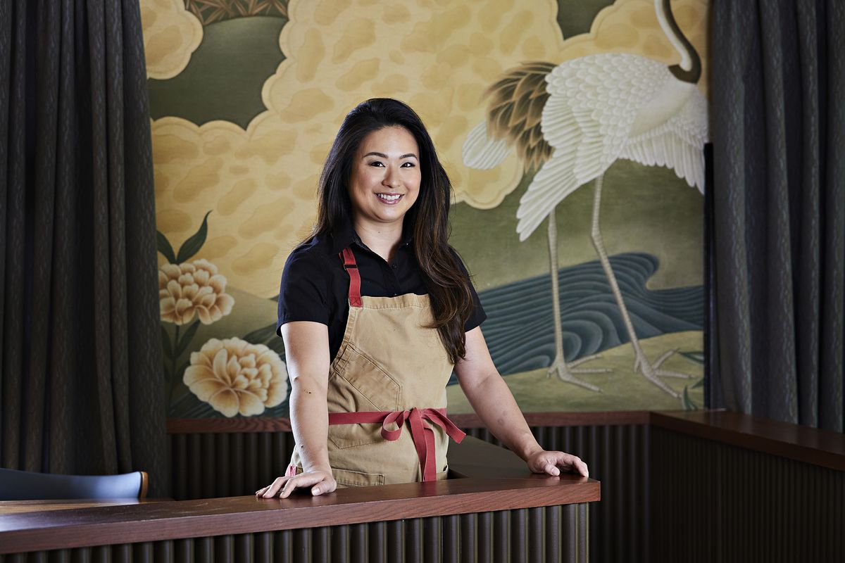 Chef Masako Morishita in the little overlook area of the dining room at Perry’s photographed in Washington, DC on May 1, 2023.