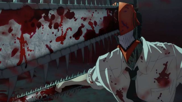 Chainsaw man in a white shirt soaked with blood in the anime