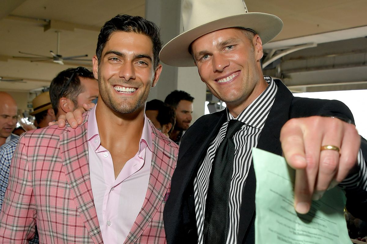 Jimmy Garoppolo and Tom Brady attend the 145th Kentucky Derby at Churchill Downs on May 04, 2019 in Louisville, Kentucky.