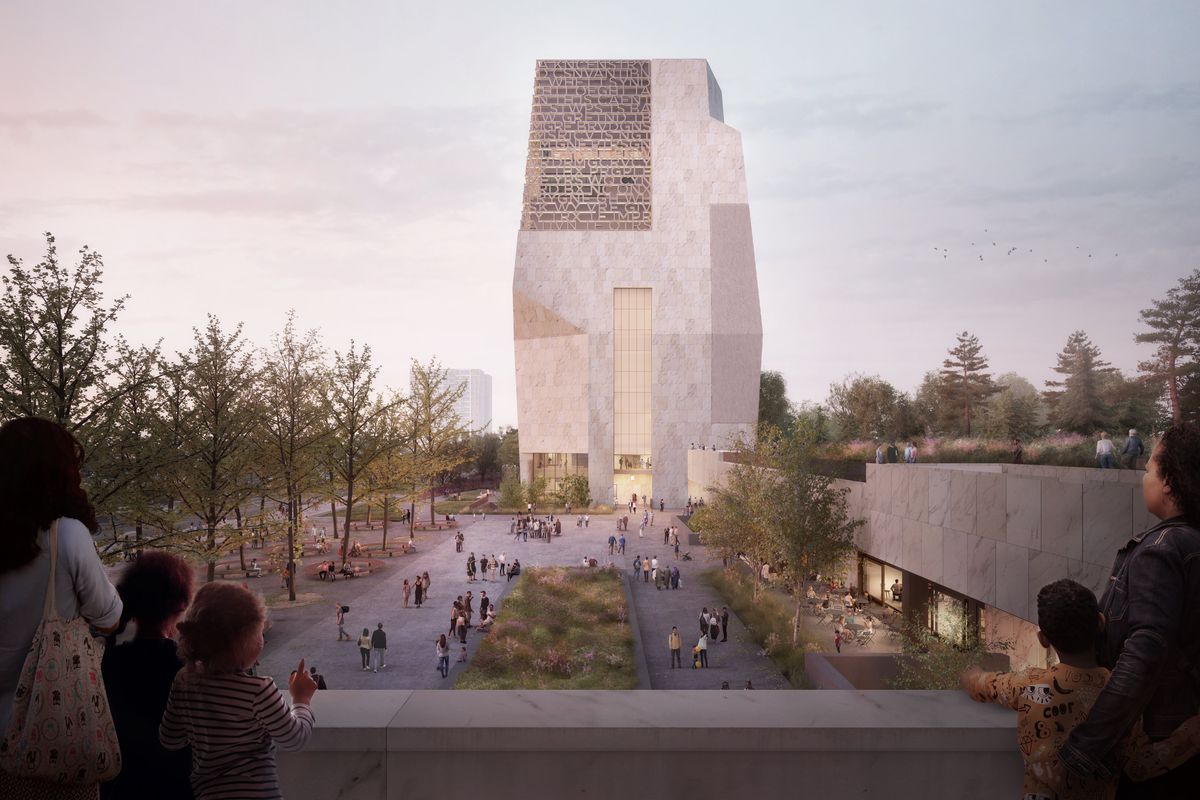 A new rendering of the Obama Presidential Center shows a trapezoidal stone tower with an angular facade and screened windows next to a plaza and lower buildings with landscaped rooftops.