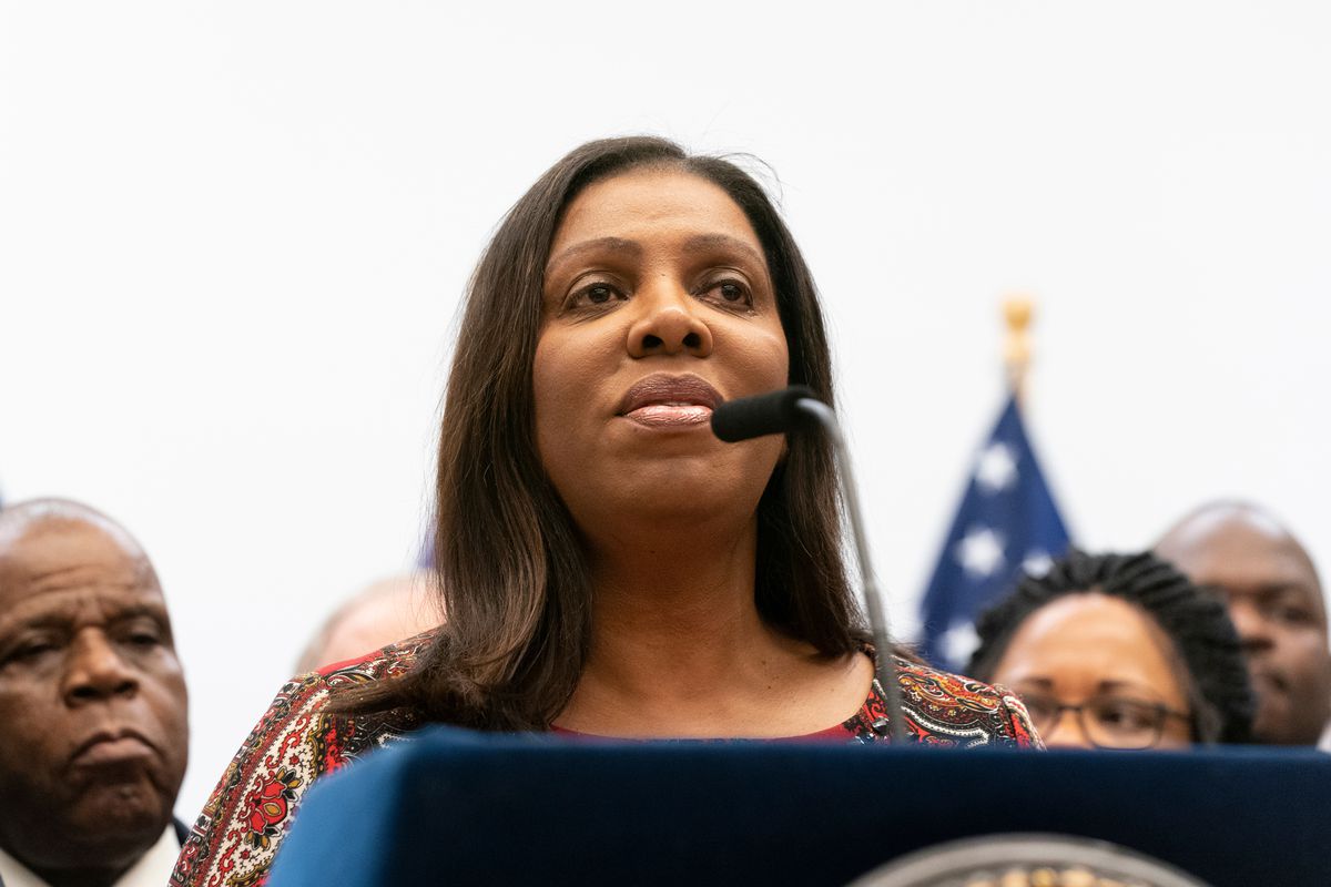State Attorney General Letitia James speaks at the Brooklyn Public Library against antisemitism in 2019