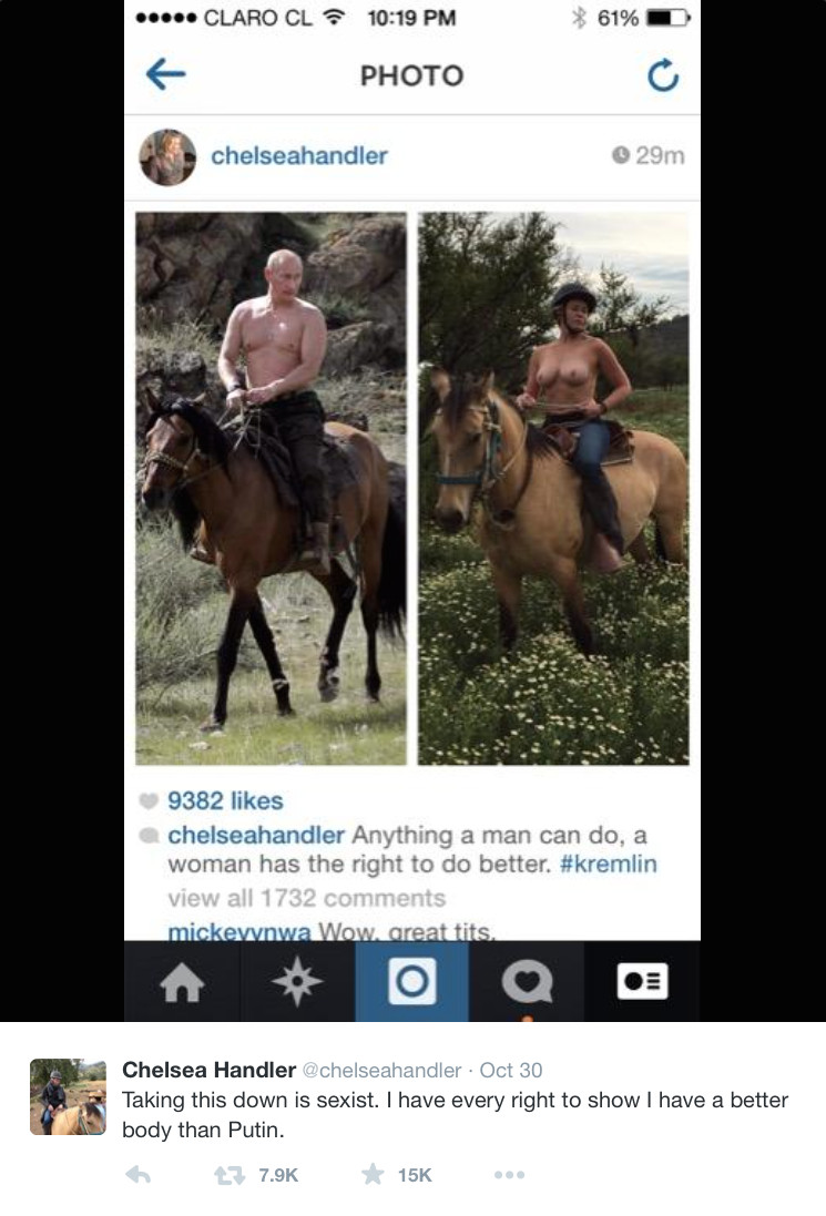  On October 30, 2014, Handler tweeted out the photo that was pulled from Instagram.