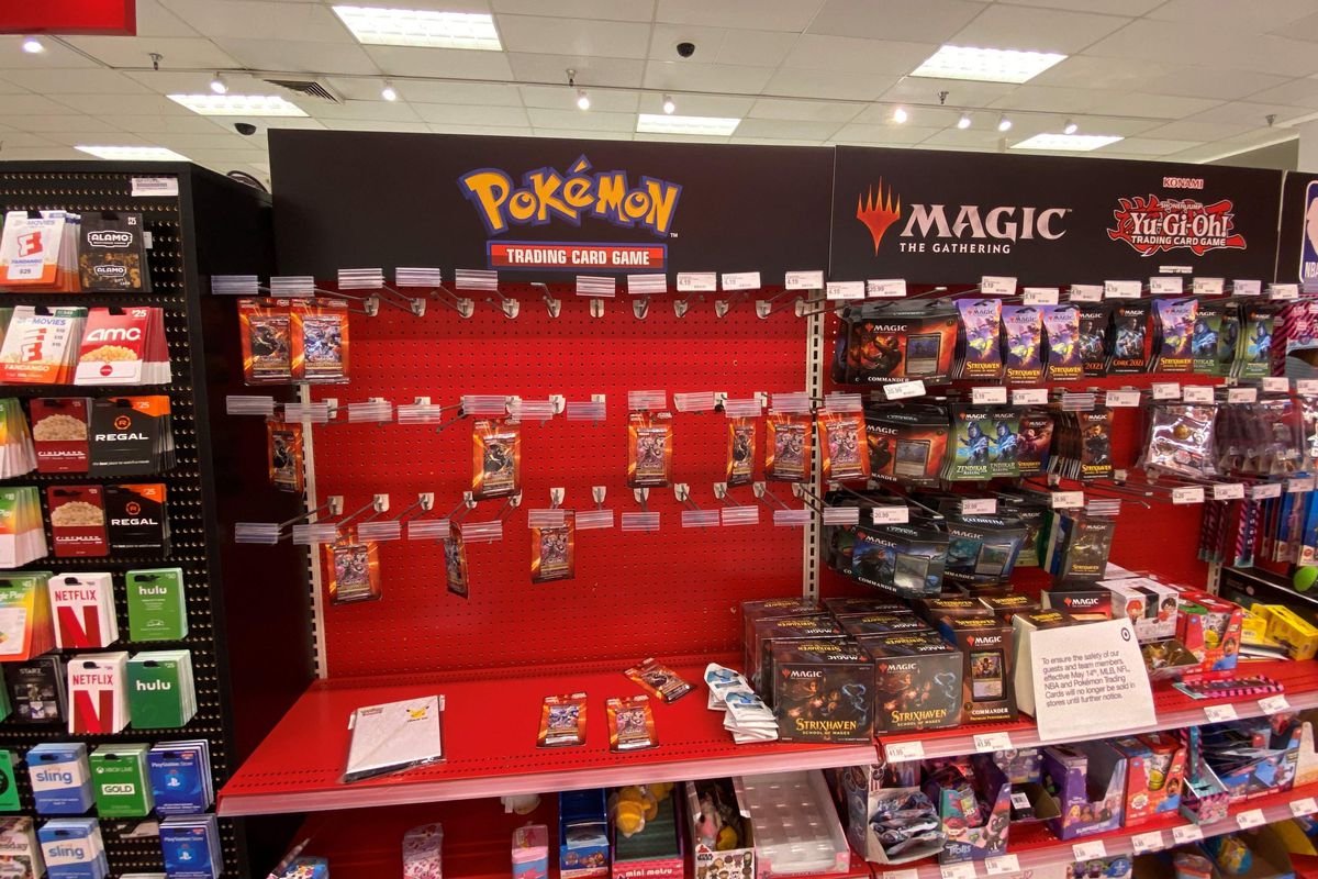 A sign warning customers that Pokemon trading cards will no longer be sold until further notice is displayed at a local Target store in Los Angeles