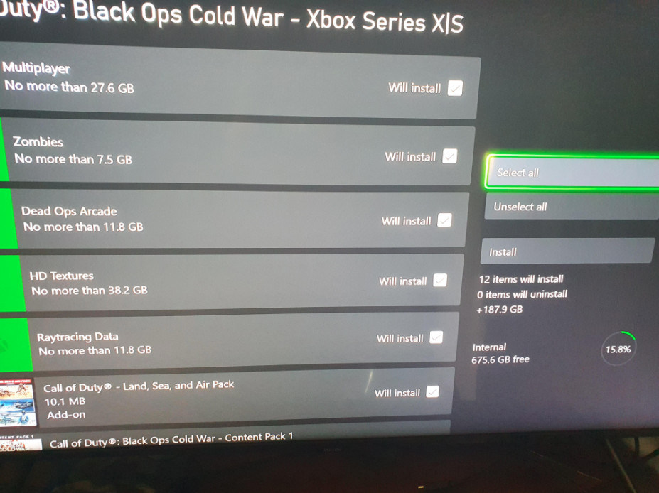 Image of a screen showing how much hard drive space the components of Call of Duty: Black Ops Cold War take up on the Xbox Series X